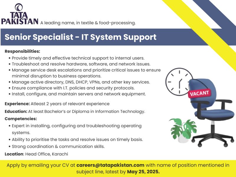 Tata Pakistan Jobs Senior Specialist IT System Support 1