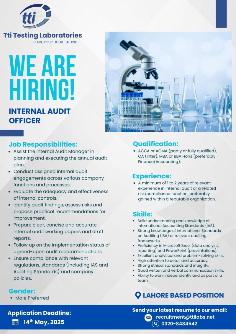 Tti Testing Laboratories Jobs Internal Audit Officer 1