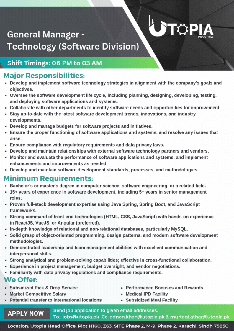 Utopia Industries Pvt Ltd Jobs General Manager Technology 1