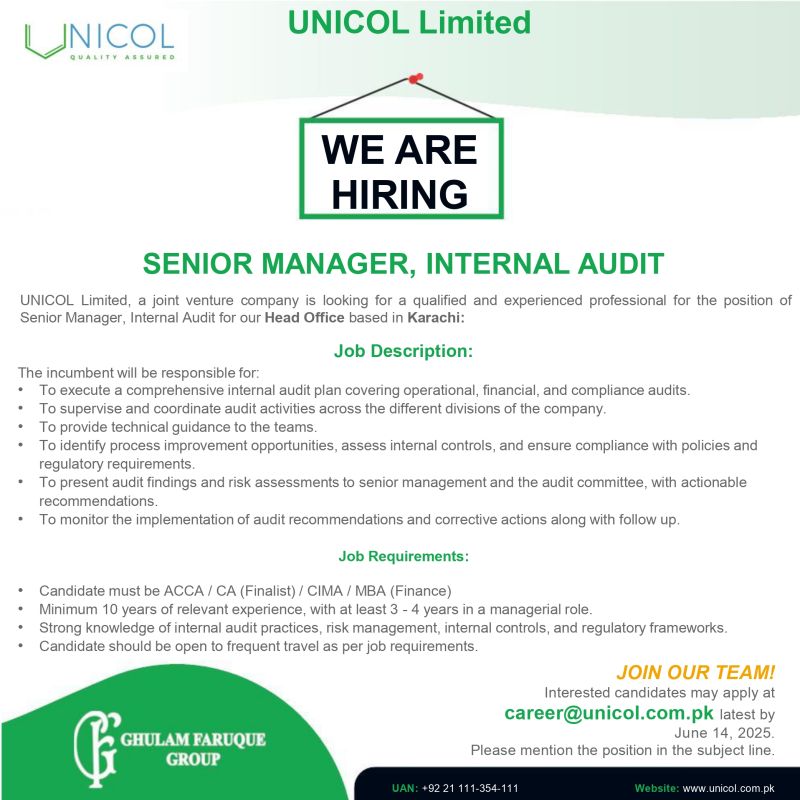 Unicol Limited Jobs Sr Manager Internal Audit 1