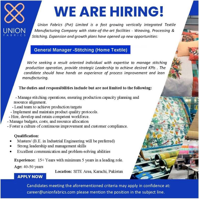 Union Fabrics Pvt Ltd Jobs General Manager Stitching 1