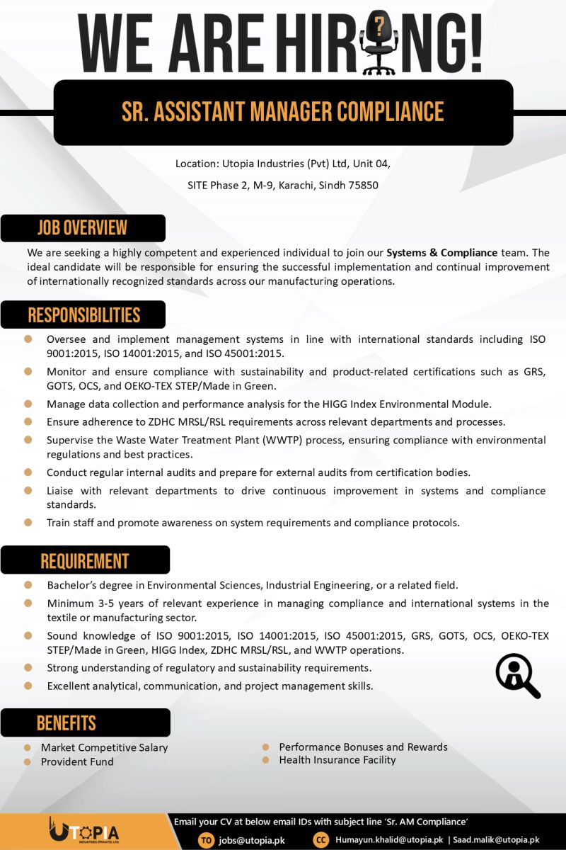 Utopia Industries Jobs Sr Assistant Manager Compliance 1