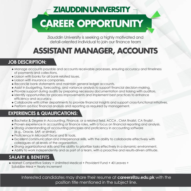 Ziauddin University Jobs Assistant Manager Accounts 1