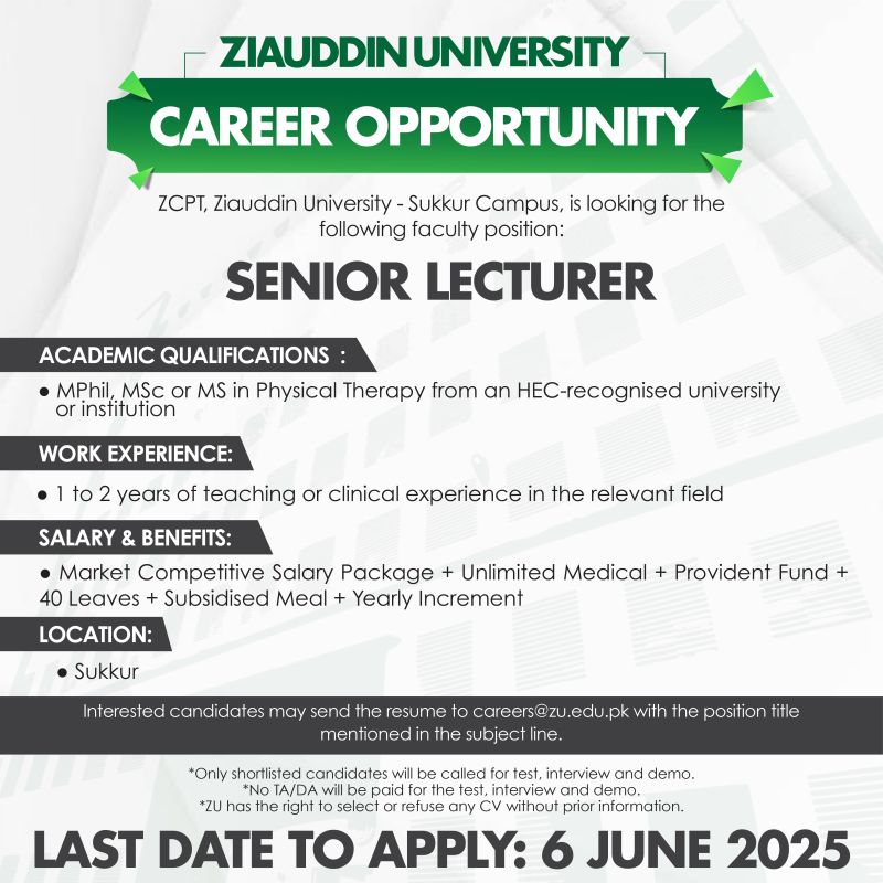 Ziauddin University Jobs Senior Lecturer 1