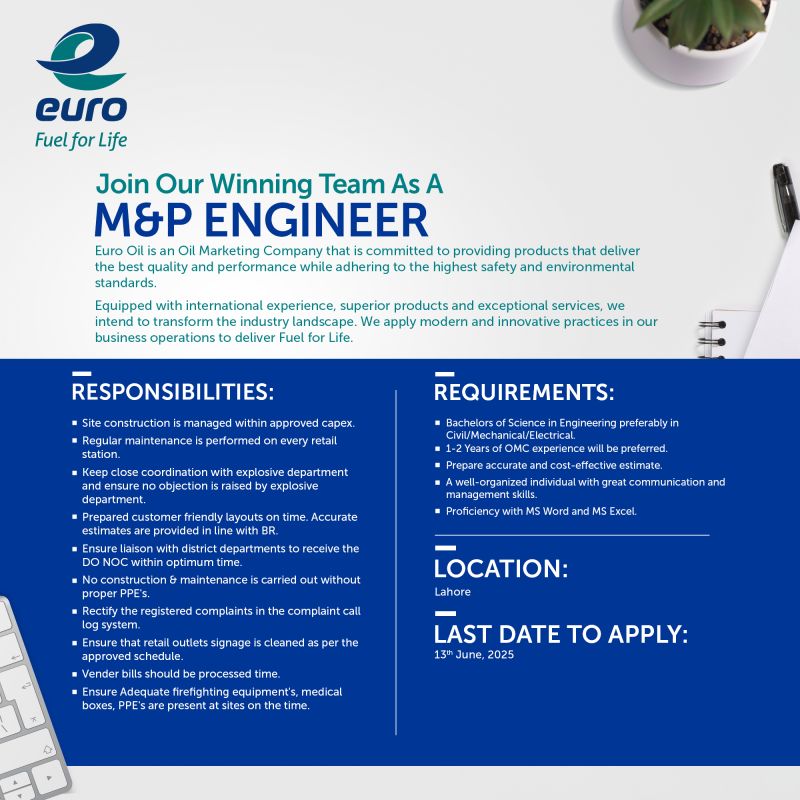 Euro Oil Pakistan Jobs M&P Engineer 1