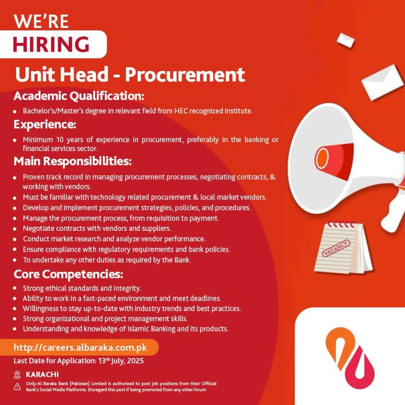 Al Baraka Bank (Pakistan) Limited Jobs Unit Head Procurement 2
