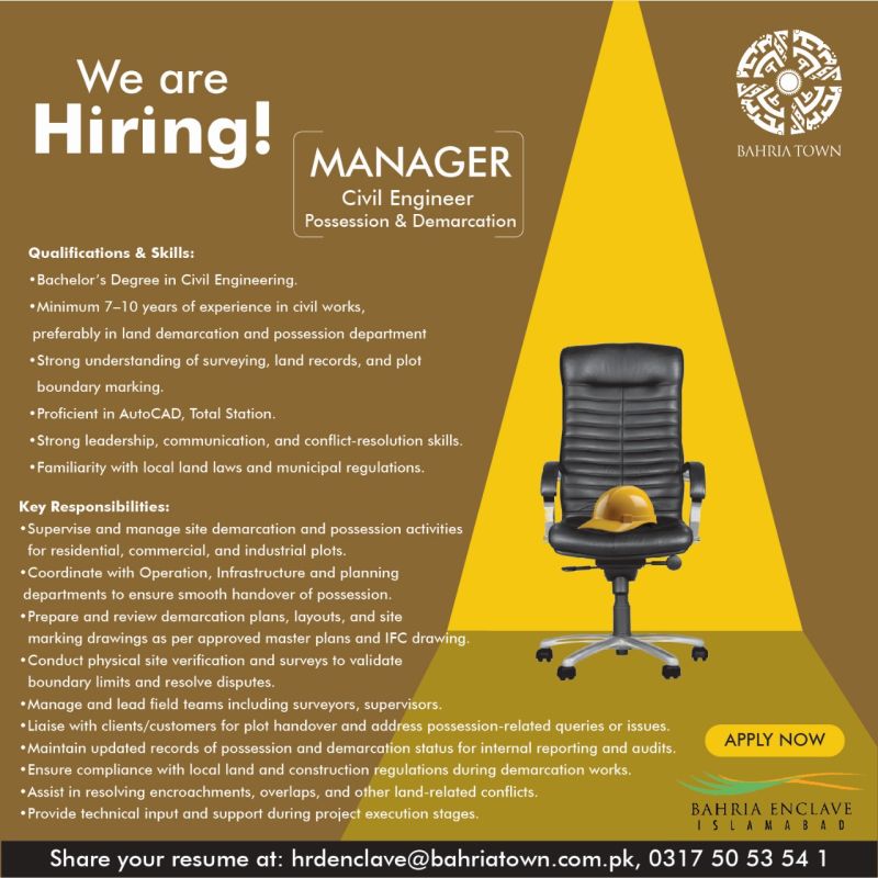 Bahria Enclave Jobs Manager Civil Engineer (Possession & Demarcation) 1