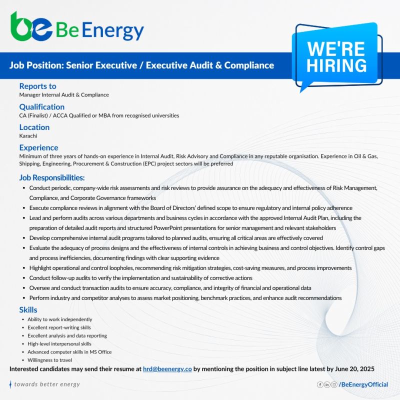 Be Energy Limited Jobs Senior Executive Executive Audit & Compliance 1