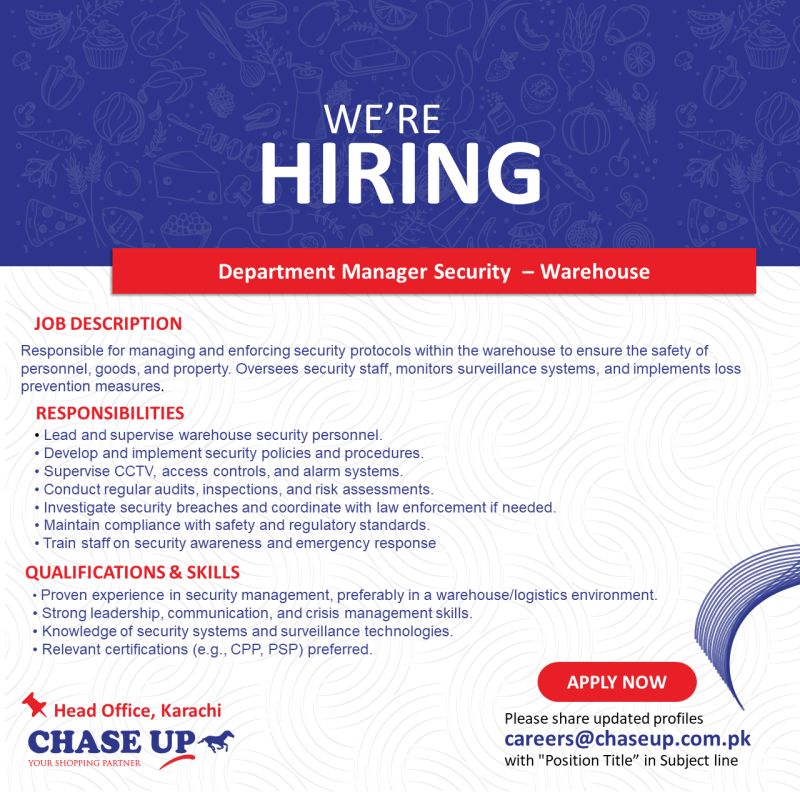 Chase Up Jobs Department Manager Security Warehouse 1