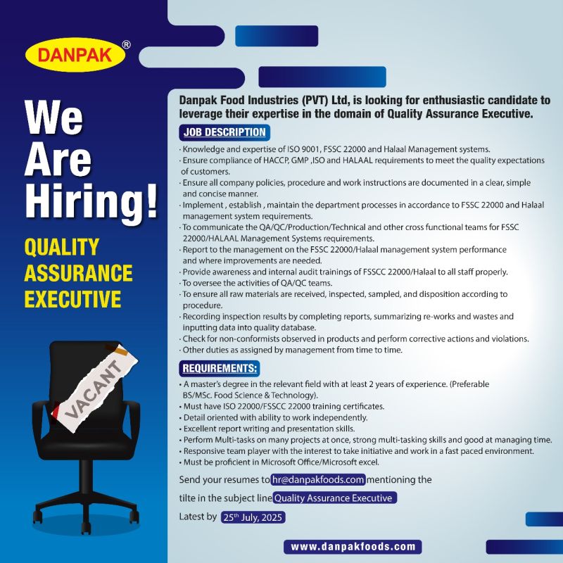 Danpak Foods Industries Jobs Quality Assurance Executive 1