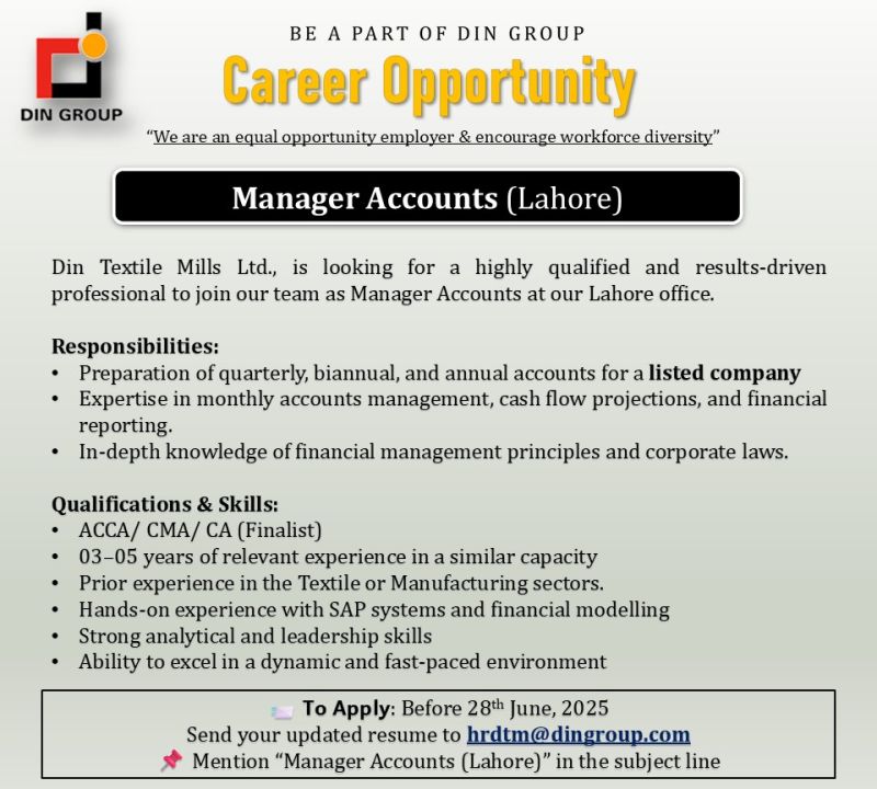 Din Textile Mills Ltd Jobs Manager Accounts 1