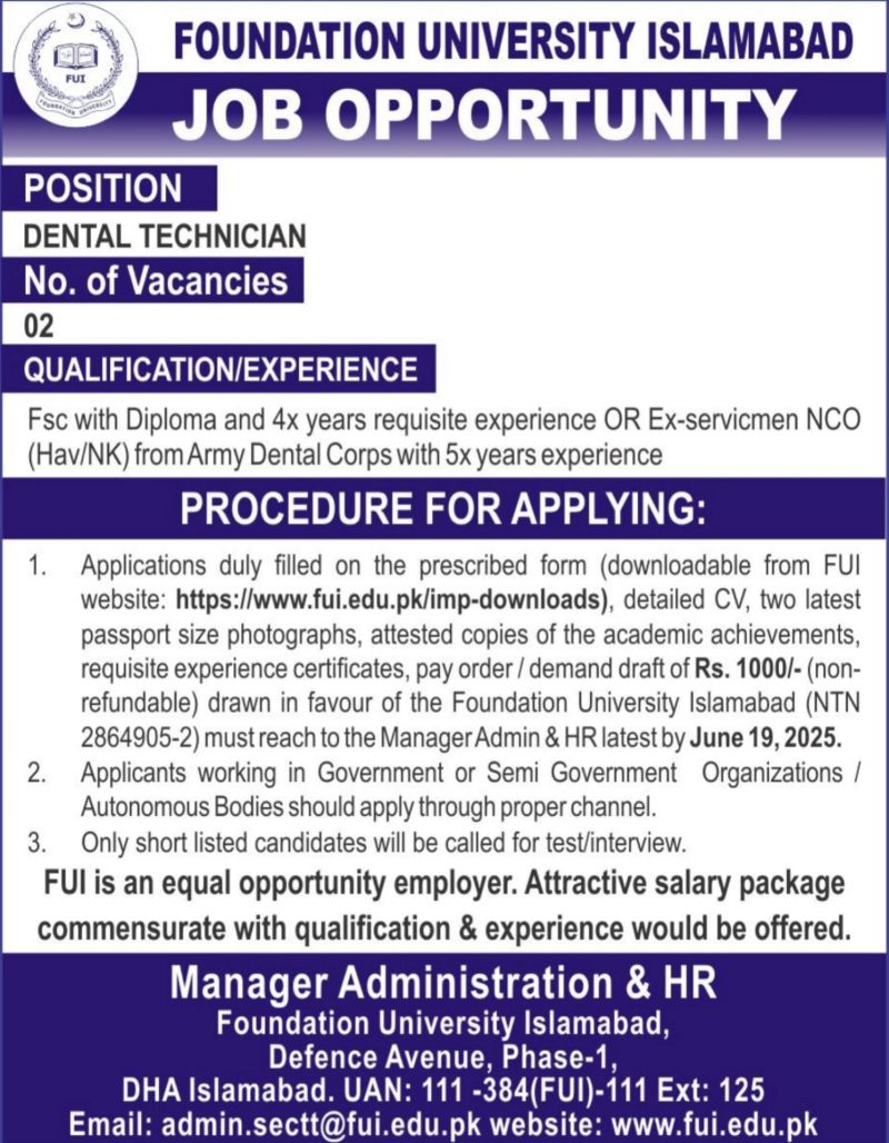 Foundation University Islamabad Jobs Dental Technician 1