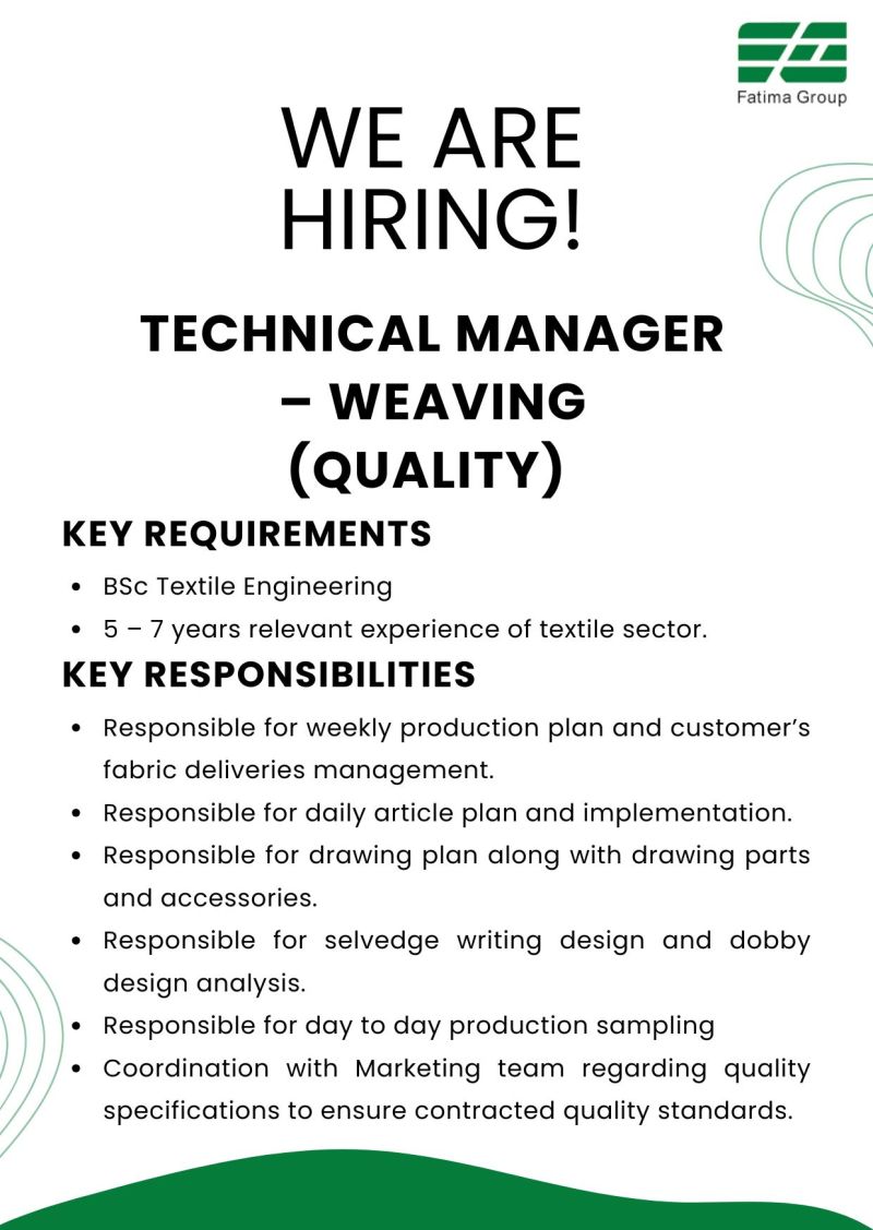 Fatima Group Jobs Technical Manager Weaving (Quality) 1