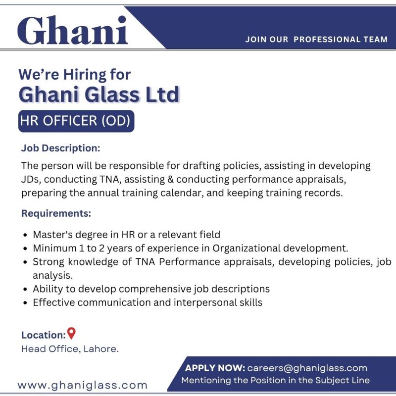 Ghani Glass Ltd Jobs HR OFFICER (OD) 1