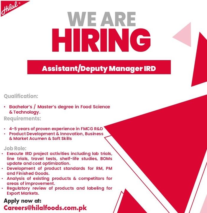 Hilal Foods Pvt Ltd Jobs Assistant/ Deputy Manager Manager Innovation, Research & Development 1