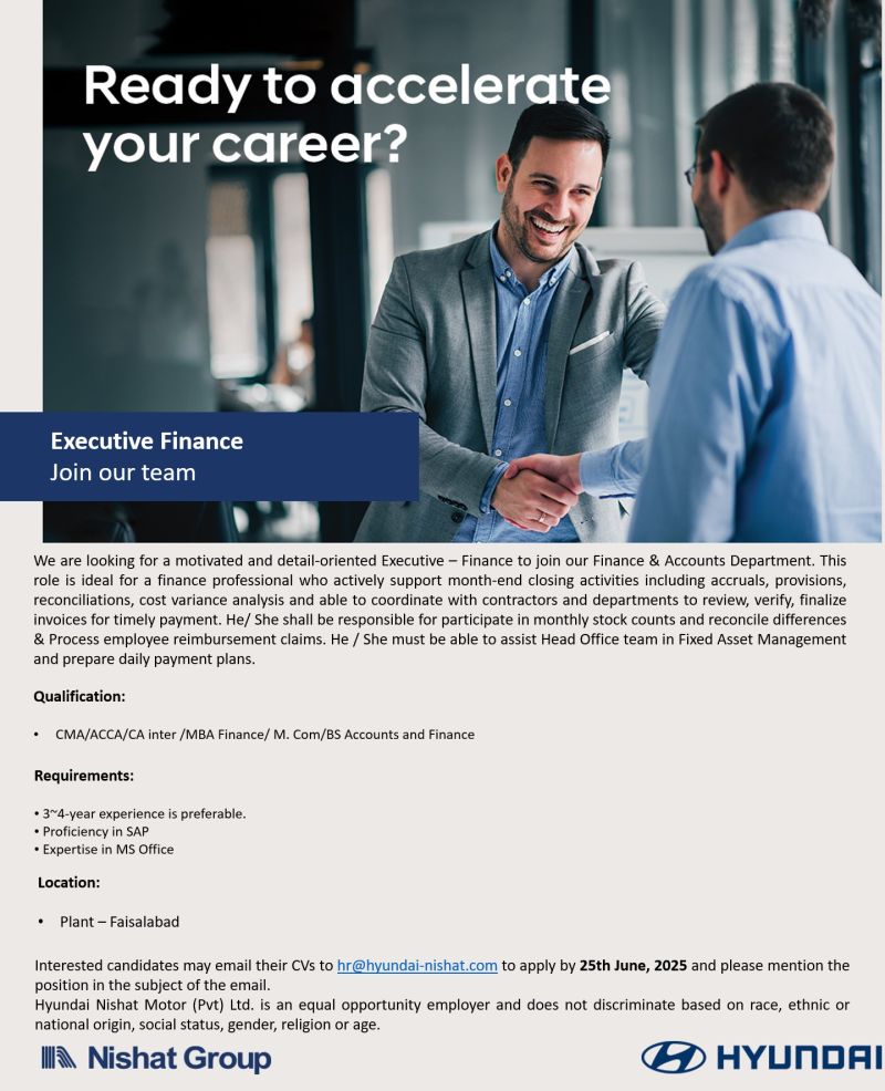 Hyundai Nishat Motor Pvt Ltd Jobs Executive Finance 1
