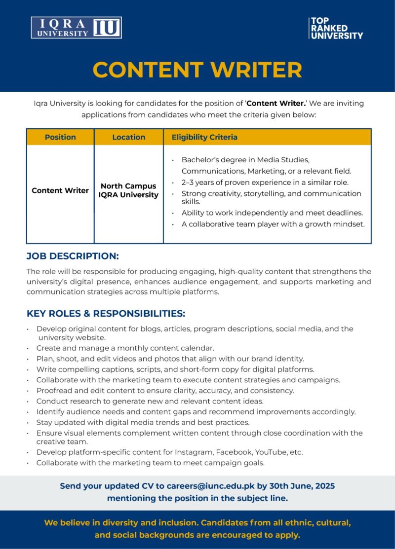 Iqra University Jobs Content Writer 1