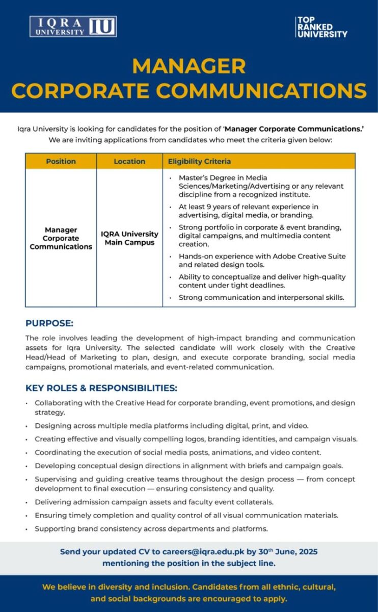 Iqra University IU Jobs Manager Corporate Communications 1