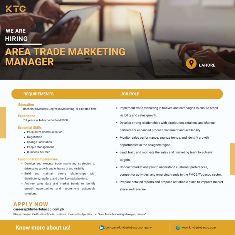 Khyber Tobacco Company Jobs Area Trade Marketing Manager 1