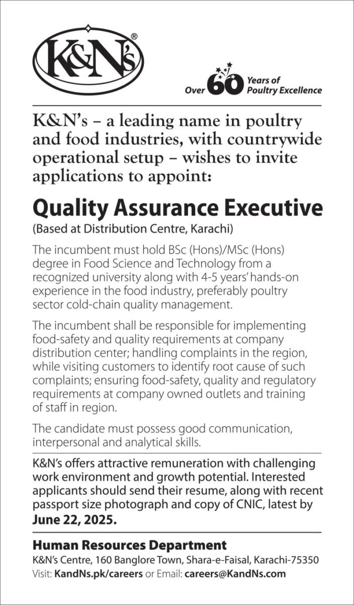 K&N’s Pakistan Jobs Quality Assurance Executive 1
