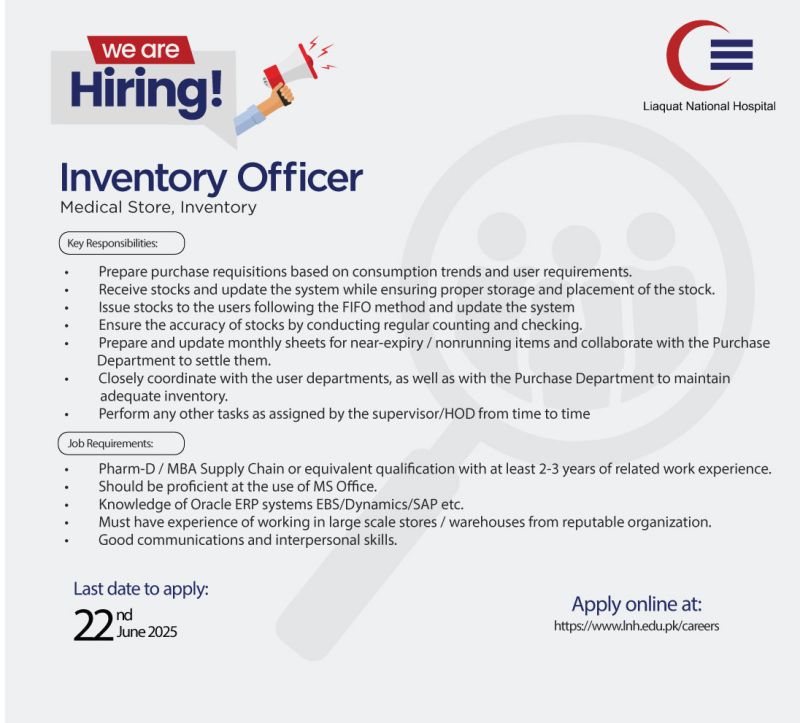 Liaquat National Hospital LNH Jobs Inventory Officer 1
