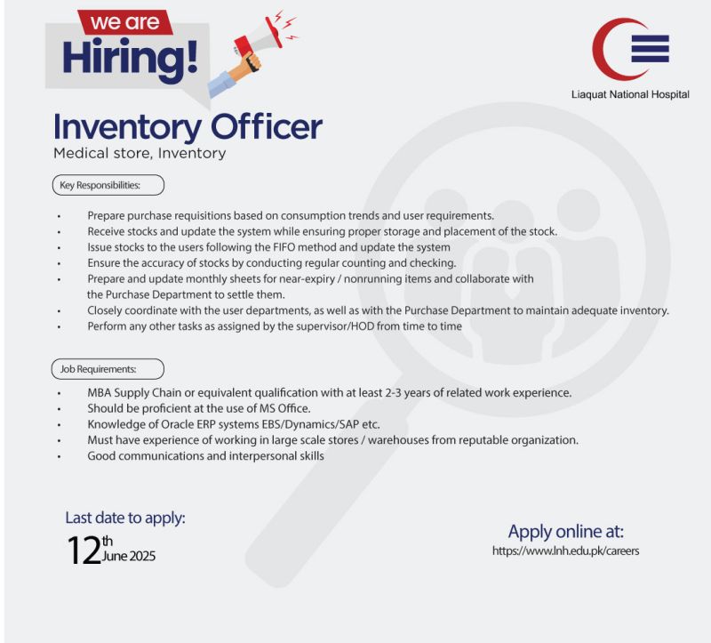 Liaquat National Hospital LNH Jobs Inventory Officer 1