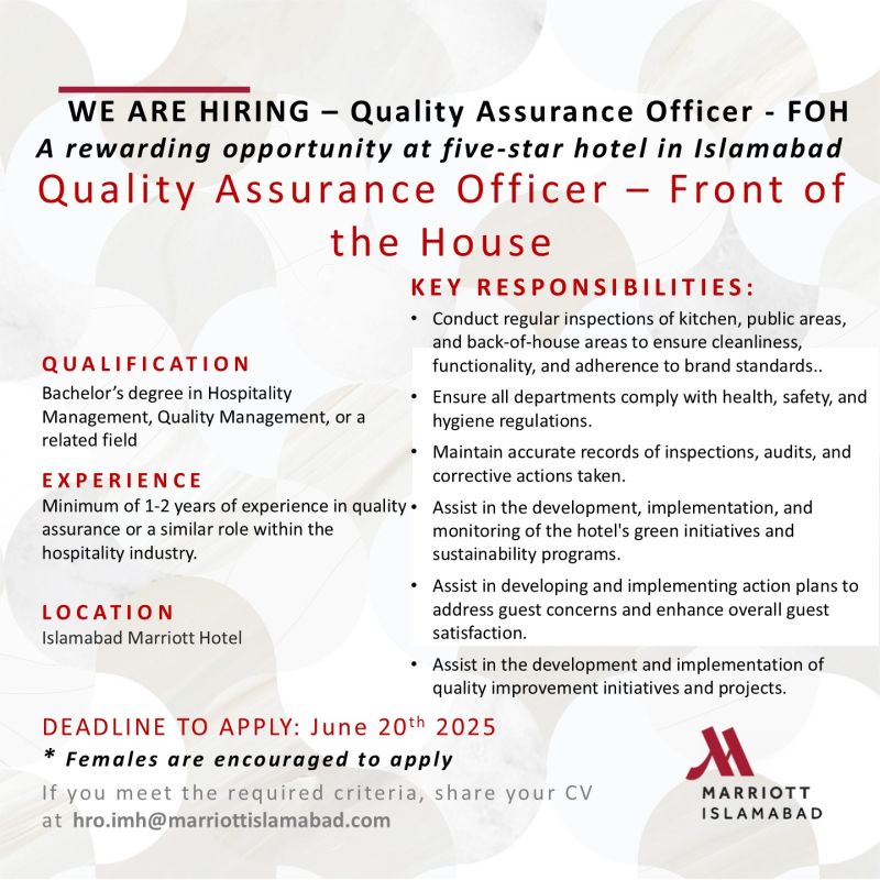 Islamabad Marriott Hotel Jobs Quality Assurance Officer 1