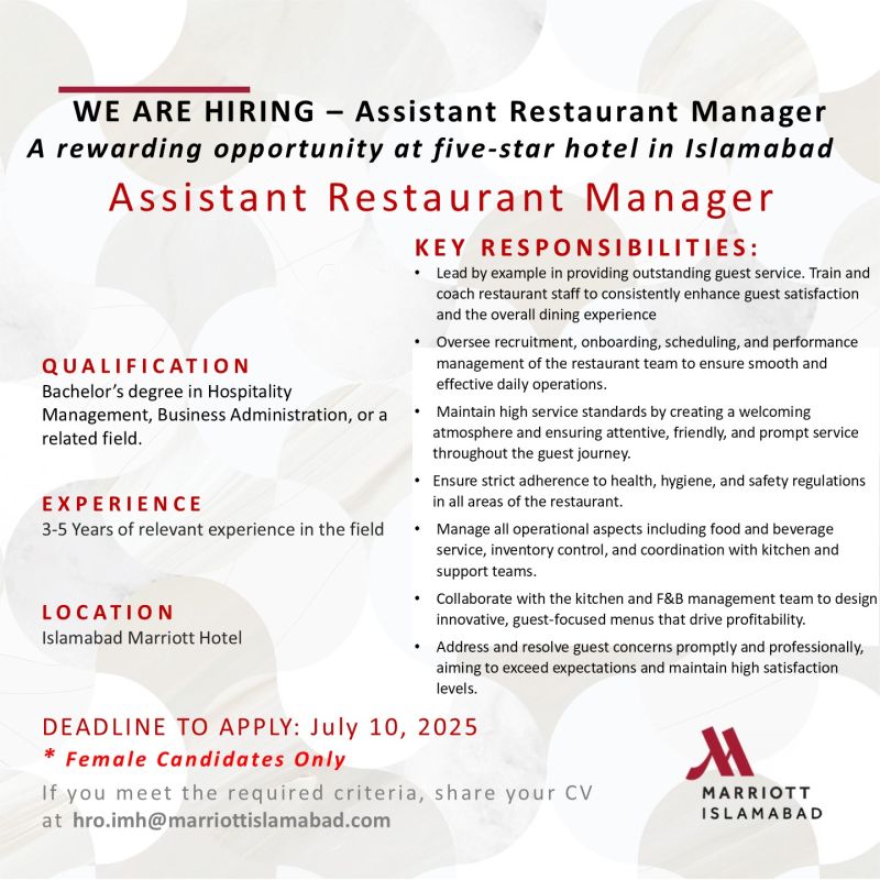 Islamabad Marriott Hotel Jobs Assistant Restaurant Manager 1