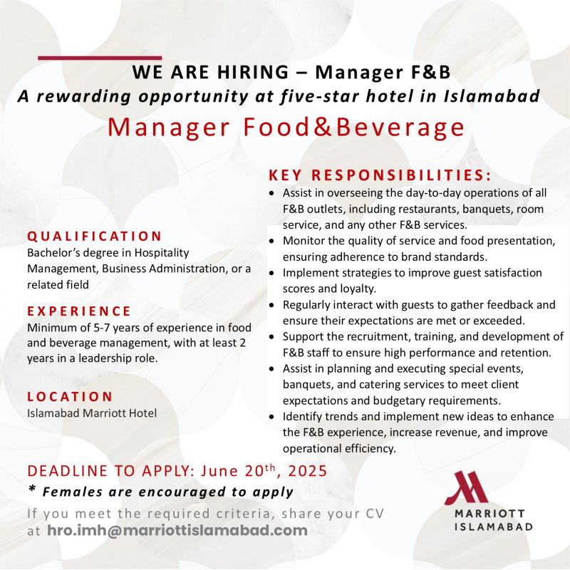 Islamabad Marriott Hotel Jobs Manager Food & Beverage 2