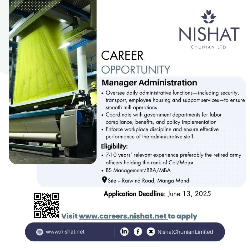 Nishat Chunian Limited Jobs Manager Administration 1