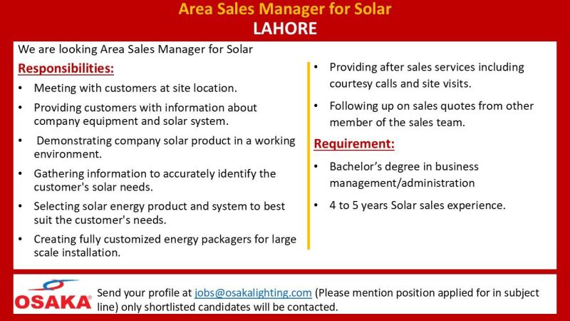 Osaka Lighting Jobs Area Sales Manager 1
