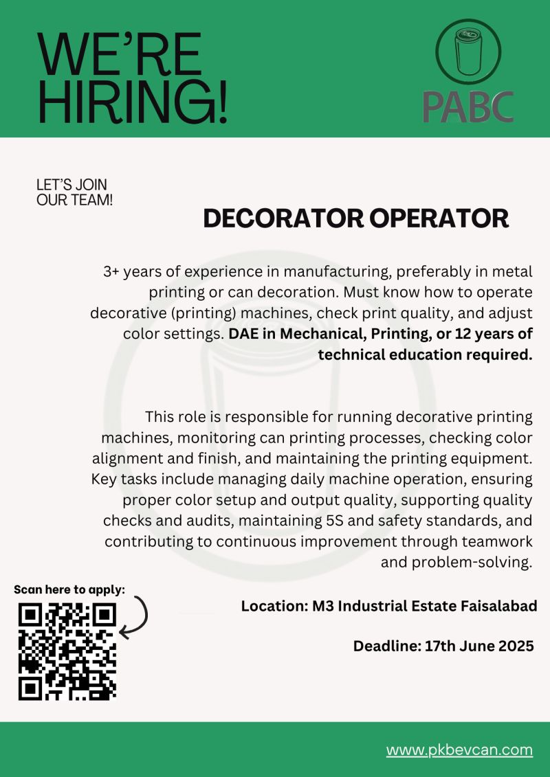 Pakistan Aluminium Beverage Cans Limited PABC Jobs Decorative / Printing Machine Operator 1
