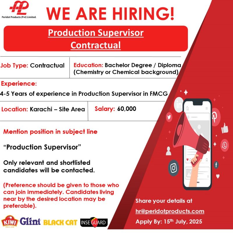Peridot Products Pvt Ltd Jobs Production Supervisor 1