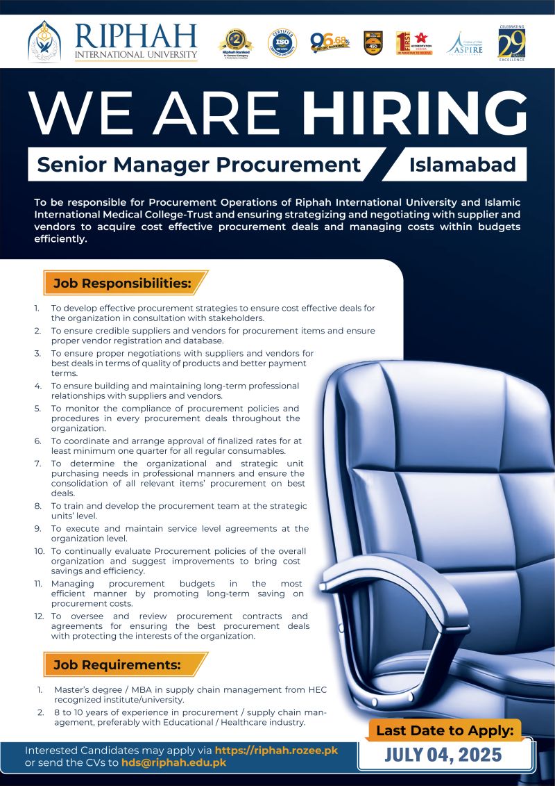 Riphah International University Jobs Sr Manager Procurement 1