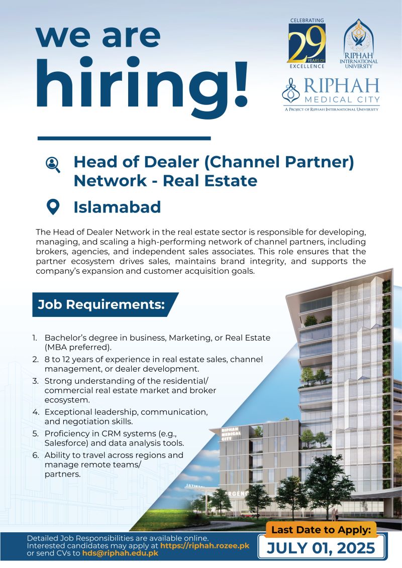 Riphah International University Jobs Head of Dealer (Channel Partner) Network 1