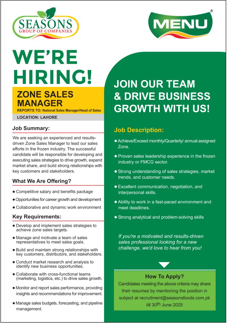 Seasons Group Of Companies Jobs Zone Sales Manager 1