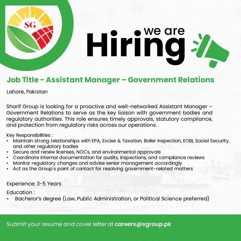 Sharif Group Jobs Assistant Manager Government Relations 1