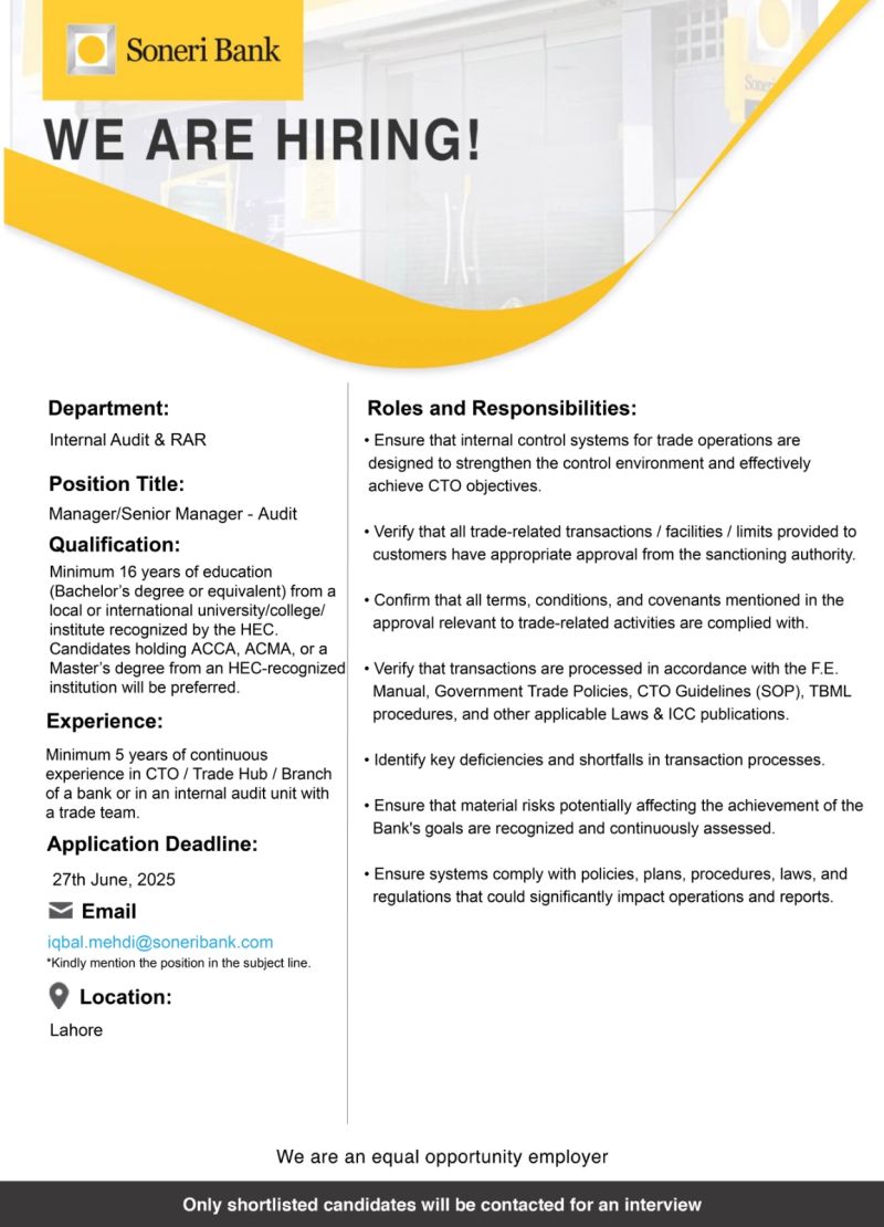 Soneri Bank Limited Jobs Manager/Senior Manager Audit 1