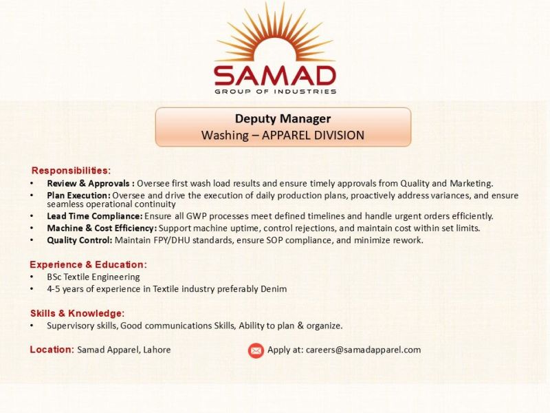 Samad Group Of Industries Jobs Deputy Manager Washing 1