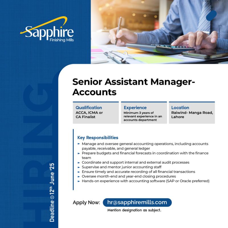Sapphire Finishing Mills Jobs Sr Assistant Manager Accounts 1