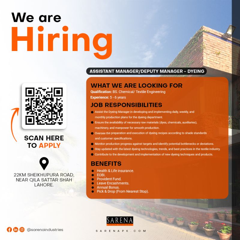 Sarena Textile Industries Jobs Assistant Manager / Deputy Manager Dyeing 1