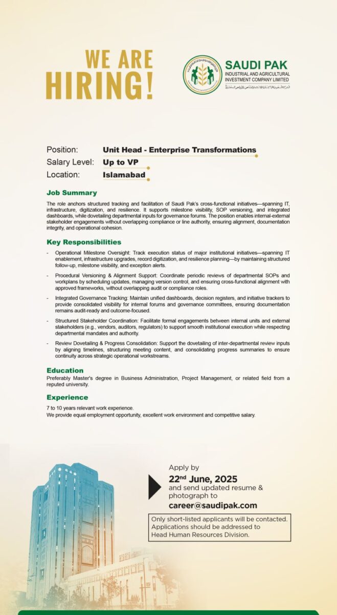 Saudi Pak Industries & Argricultural Investment Company Limited Jobs Unit Head 1
