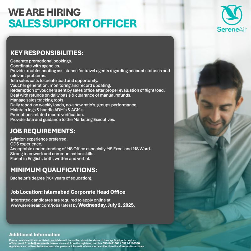 Serene Air Pakistan Jobs Sales Support Officer 1