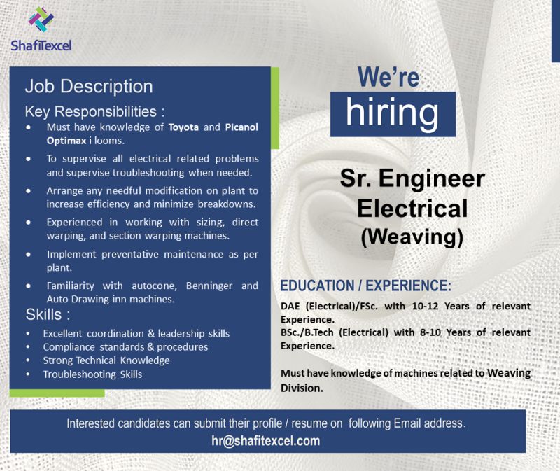 Shafi Texcel Limited Jobs Sr Engineer Electrical (Weaving) 1