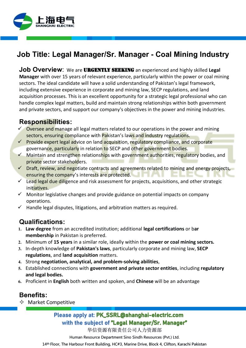 Shanghai Electric Jobs Legal Manager/Sr. Manager 1