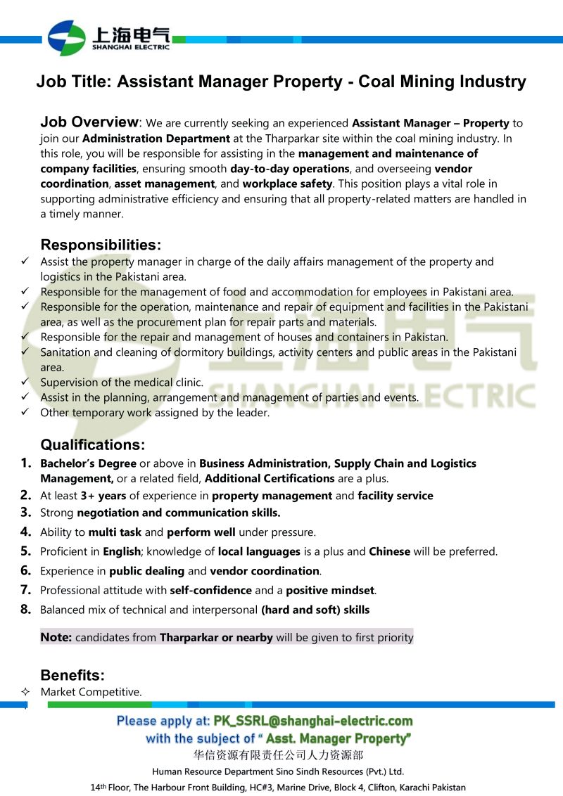 Shanghai Electric Pvt Ltd Jobs Assistant Manager Property 1