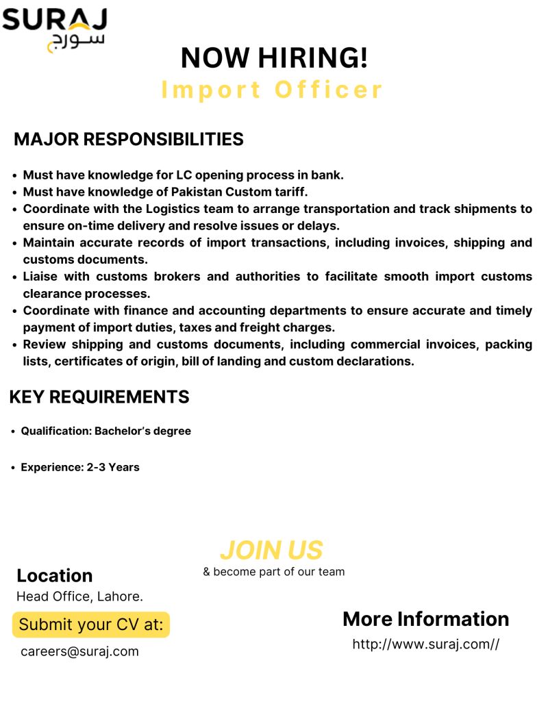Suraj Cotton Mills Limited Jobs Import Officer 1
