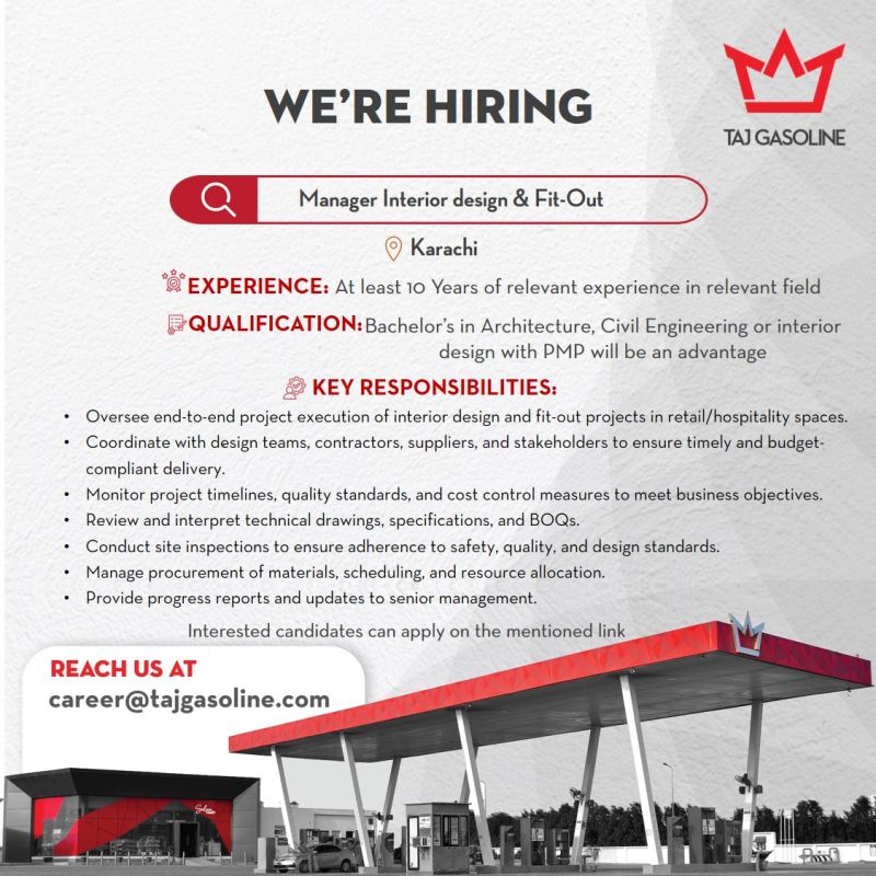 Taj Gasoline Jobs Manager Interior Design & Fit-Out 1