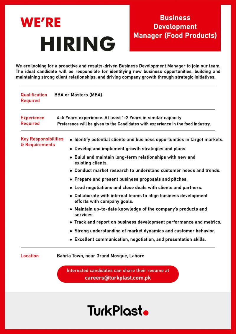 TurkPlast Pvt Ltd Jobs Business Development Manager 1