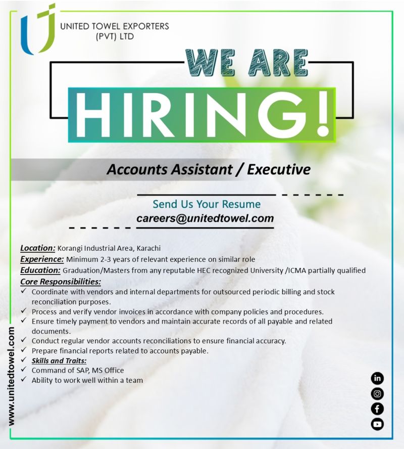 United Towel Pvt Ltd Jobs Accounts Assistant / Executive 1